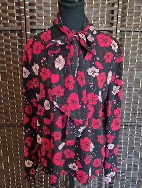 Marc Cain Black Tie-Neck Blouse with Hot Pink & Pale Pink Floral Print
